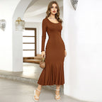 Women's Simple Elegant Dress U Collar High Waist Long Sleeves Slim