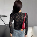 Women’s Black Sheer Lace Stand Collar Long Sleeve Top