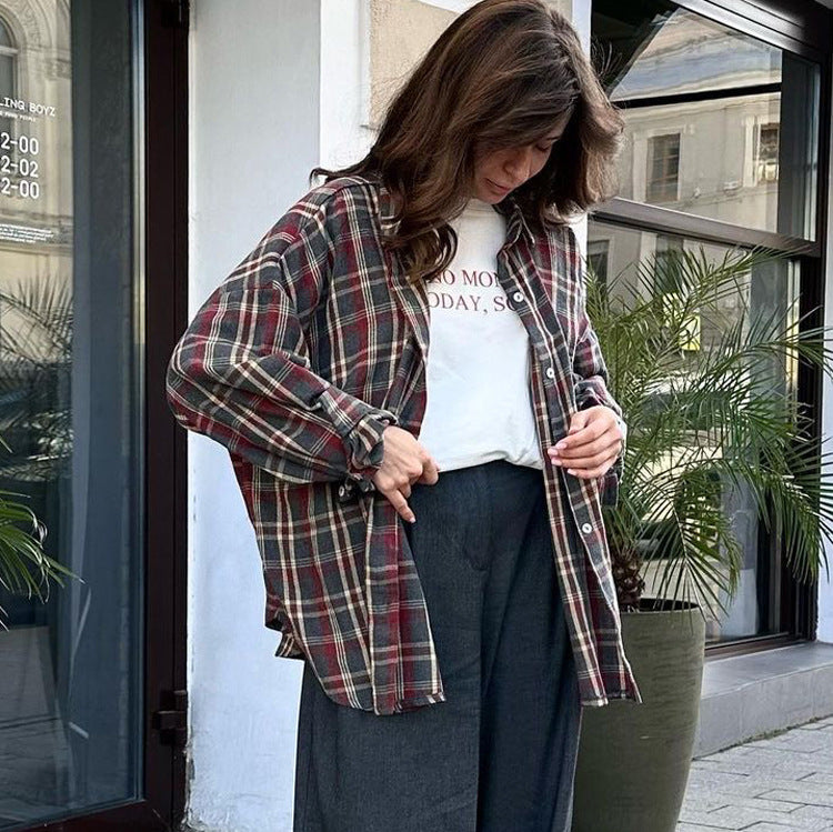 Retro Plaid Shirt Polo Collar Long Sleeve
