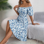 Spring Summer Floral Square Collar Short Sleeve Waist Controlled Ruffled A-Line Wo