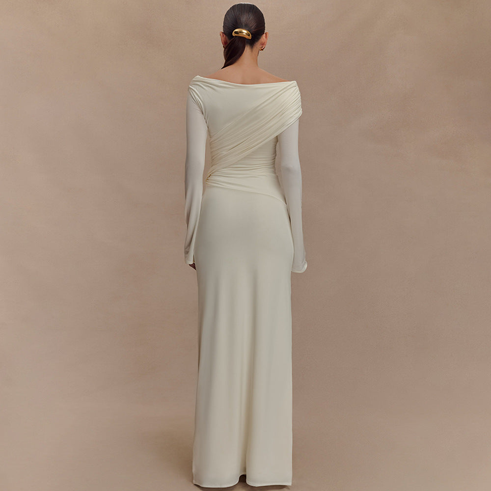 Women's V neck Pleated Hip Dress