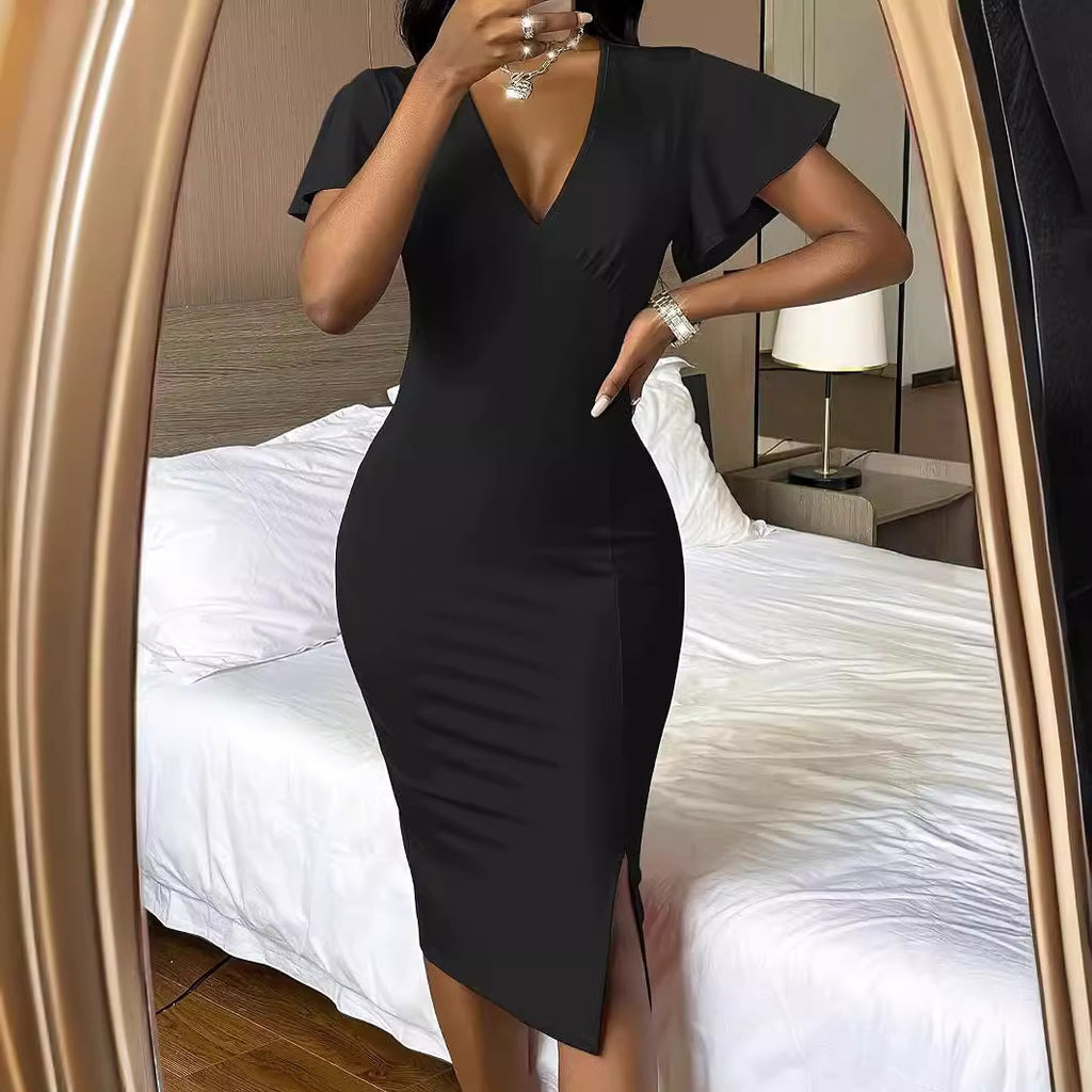 Women's V-Neck Split Bodycon Midi Dress