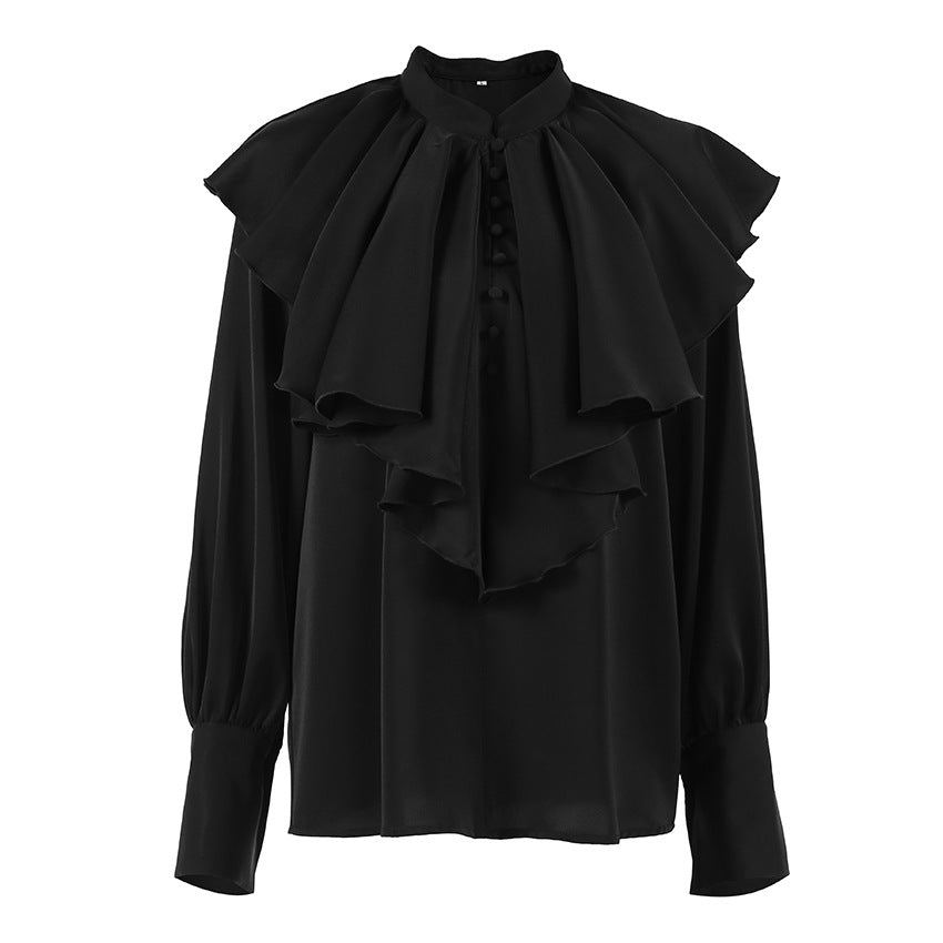 Women's Court French Ruffled Stand Collar Single Breasted Long Sleeve Shirt Women French Lantern Sleeve Loose Solid Color Top