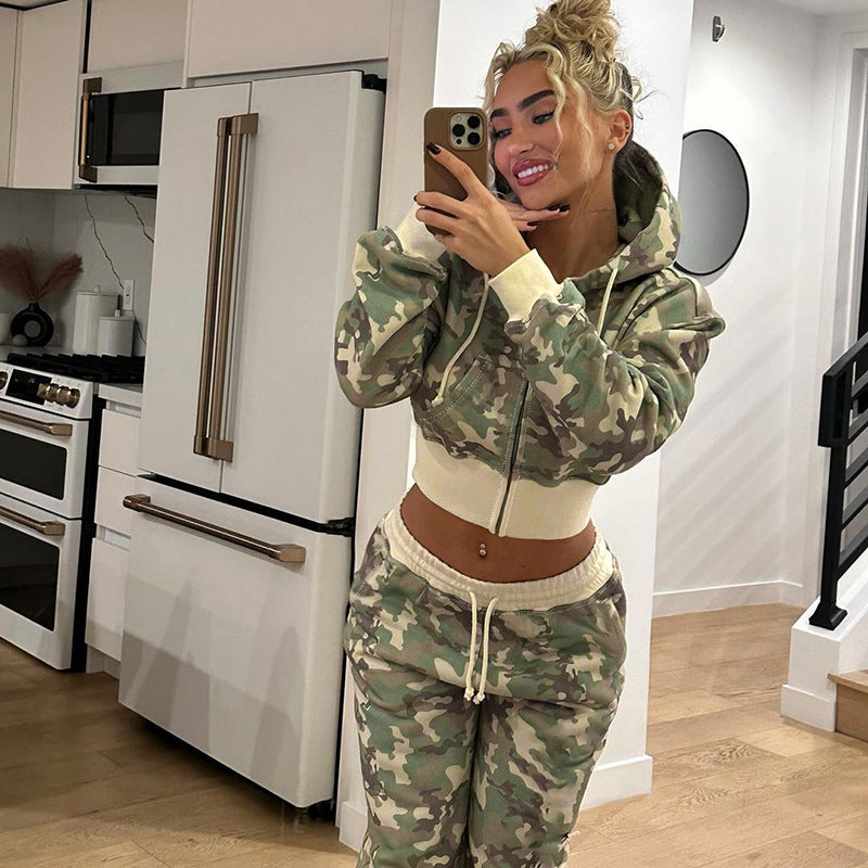 Women's Casual Contrast Color Cinched Hoodie Long Sleeve Sweatshirt Sweatpants Two Piece Camouflage Cardigan Coat Trousers Sets