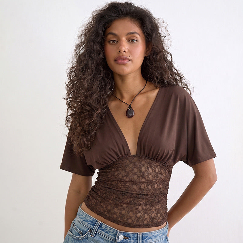 Spring Summer Elegant Slim Deep V Plunge Batwing Sleeve