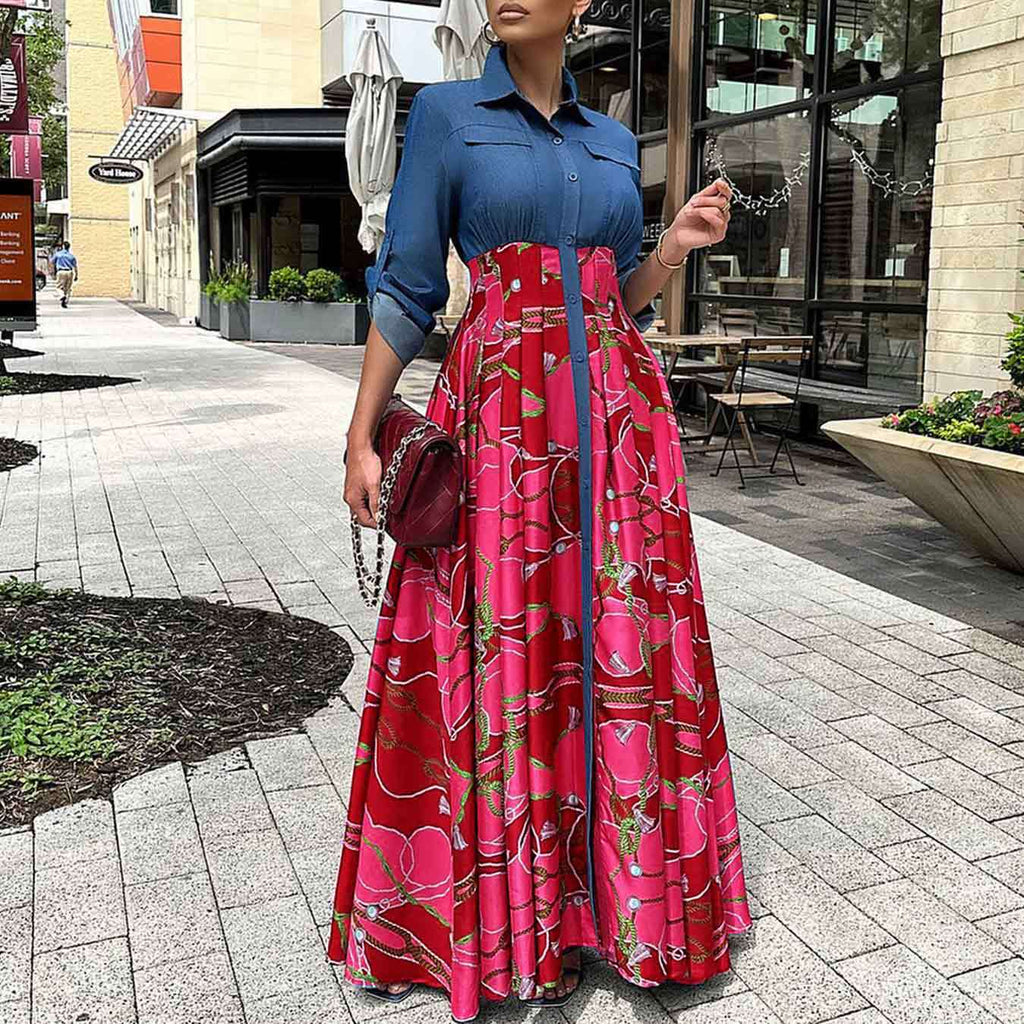 Denim Patchwork Maxi Shirt Dress