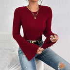 Women's Round Neck Flared Sleeves Wine Red T Shirt Office All