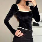 Women's Fall Women Clothing Sexy Square Collar Plush Wooden Ear Backless Lace Up Long Sleeve Top