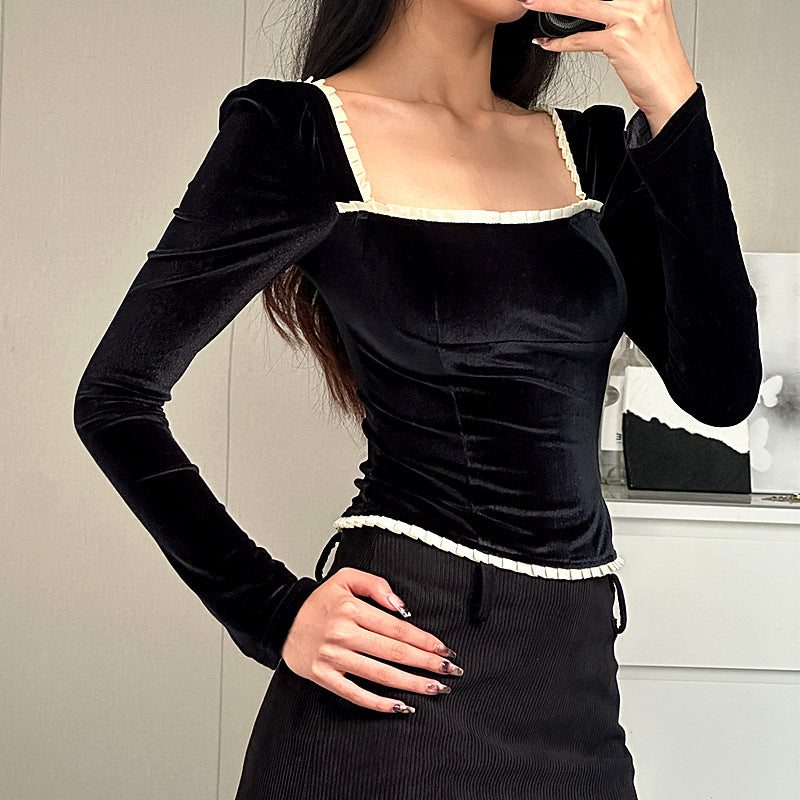 Women's Fall Women Clothing Sexy Square Collar Plush Wooden Ear Backless Lace Up Long Sleeve Top