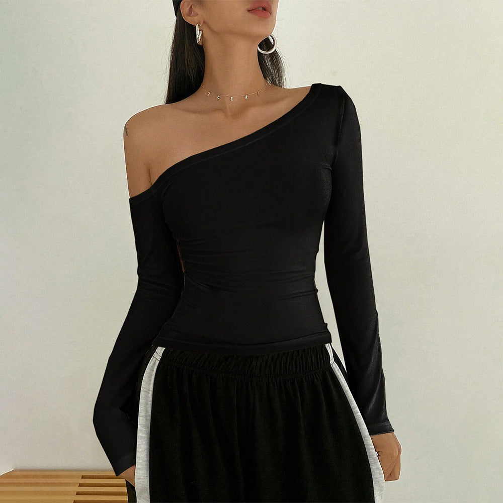 Women’s Black Asymmetric Off Shoulder Long Sleeve Top