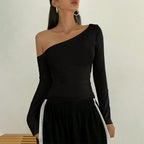 Women’s Black Asymmetric Off Shoulder Long Sleeve Top