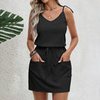 Women's V-Neck Tie Pocket Sleeveless A-Line Mini Dress