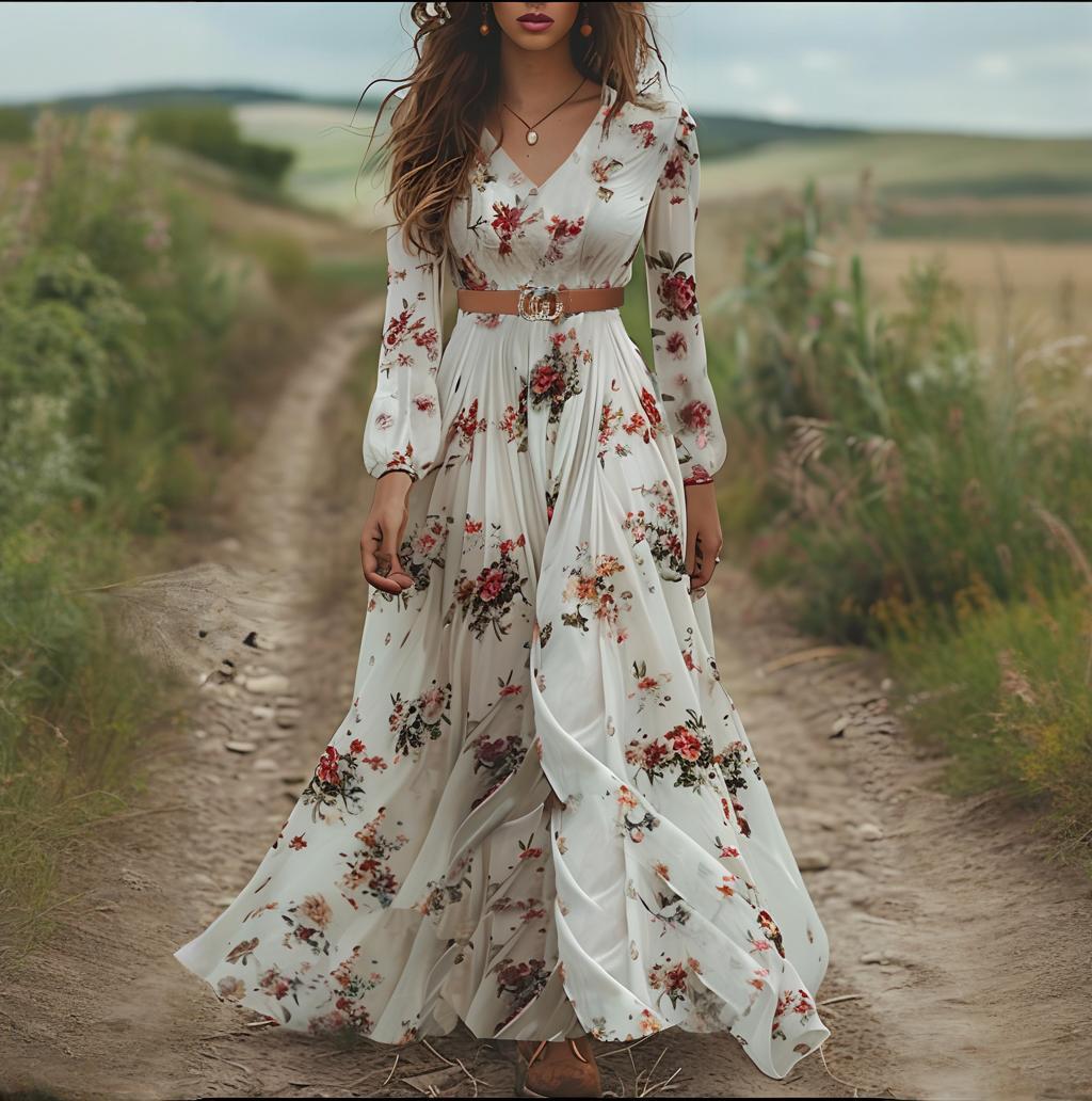 V-Neck Long-Sleeve Printed Dress