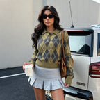 Rhombus Inner Sweater Autumn Winter Casual Jacquard Collared