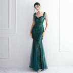 Women's Sequin Mesh Beaded Party Dress Long Cocktail Slim Fit Evening