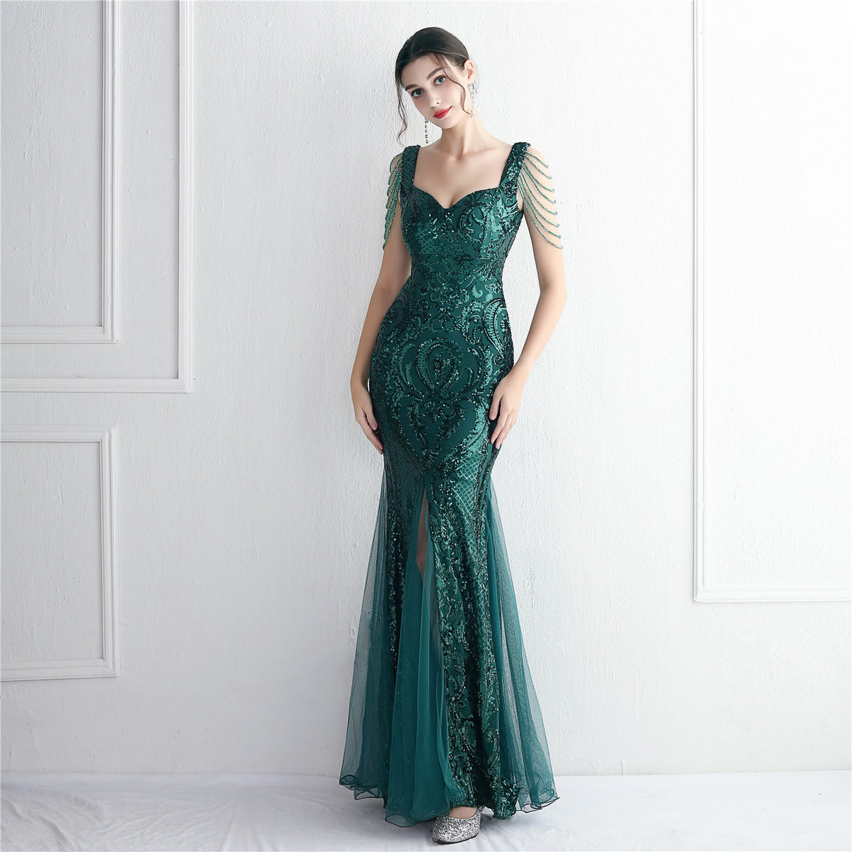 Women's Sequin Mesh Beaded Party Dress Long Cocktail Slim Fit Evening