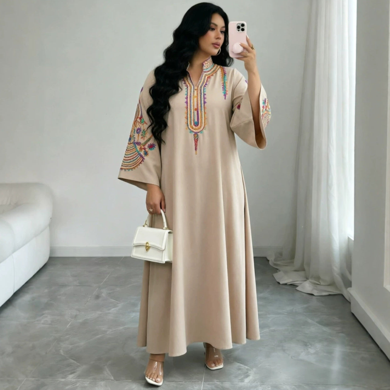 Women's Ethnic Embroidered Pullover Dress Loose Robe Rope Embroidery Craft Women Clothing