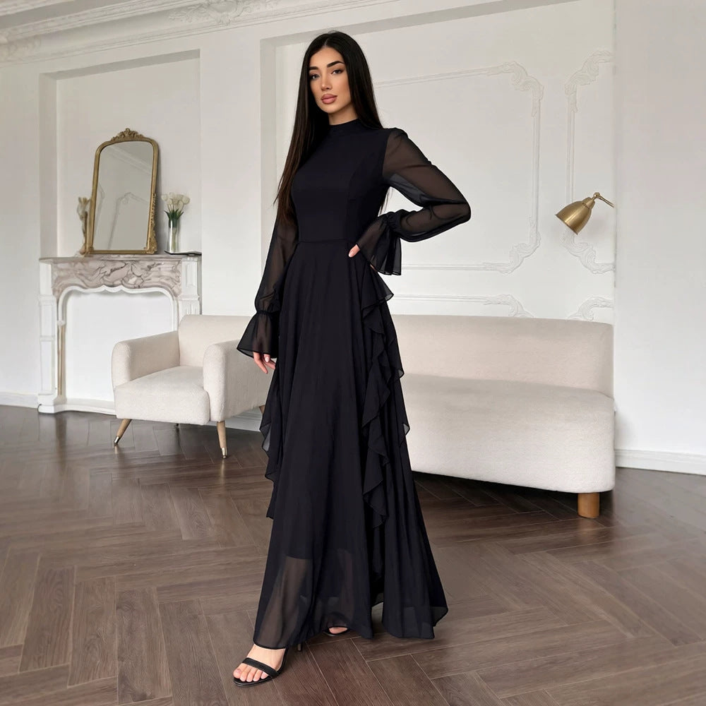 Women Spring Summer Autumn Elegant Graceful Black Stand up Collar Stitching See through Chiffon Ruffle Sleeve Waist Tight Maxi Dress