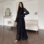 Women Spring Summer Autumn Elegant Graceful Black Stand up Collar Stitching See through Chiffon Ruffle Sleeve Waist Tight Maxi Dress