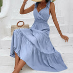 Solid V-Neck High-Waist Dress