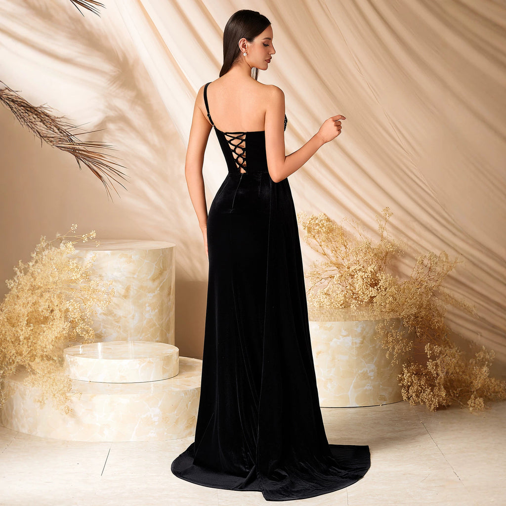Velvet Sleeveless One Shoulder Evening Dress Velvet Fishtail Split Dress