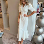 White V-Neck Puff-Sleeve Maxi Dress