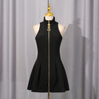 High-Collar Sleeveless A-Line Mini Dress