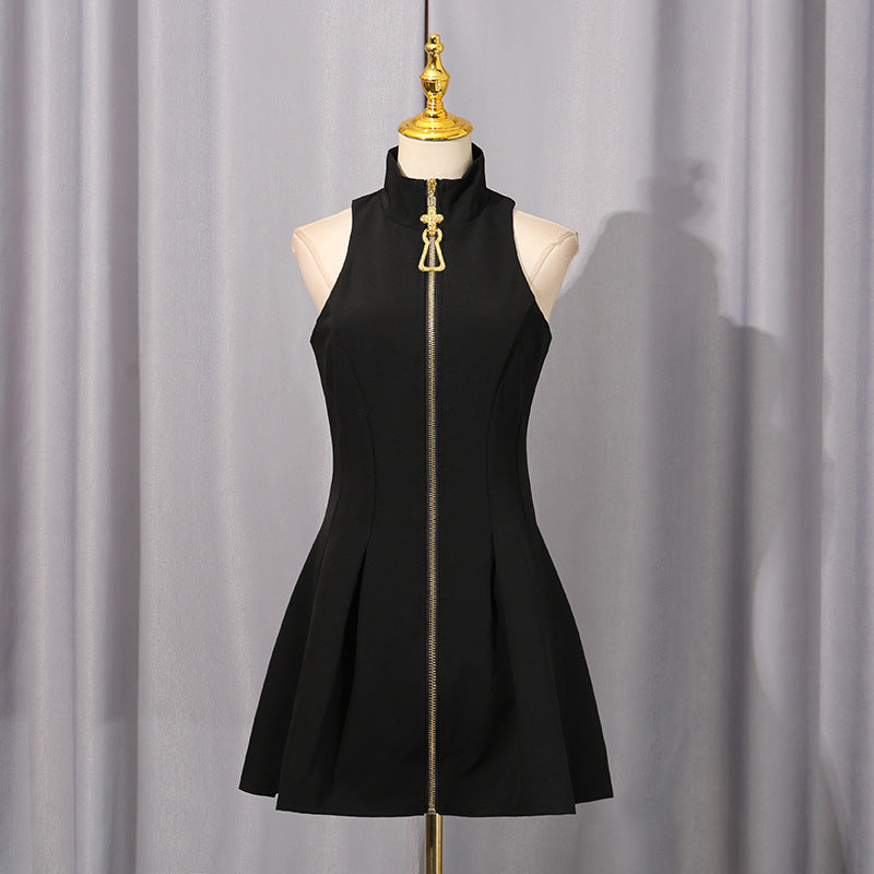 High-Collar Sleeveless A-Line Mini Dress
