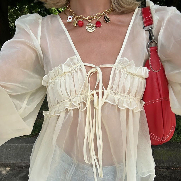 See through Sun Protection V neck Lace