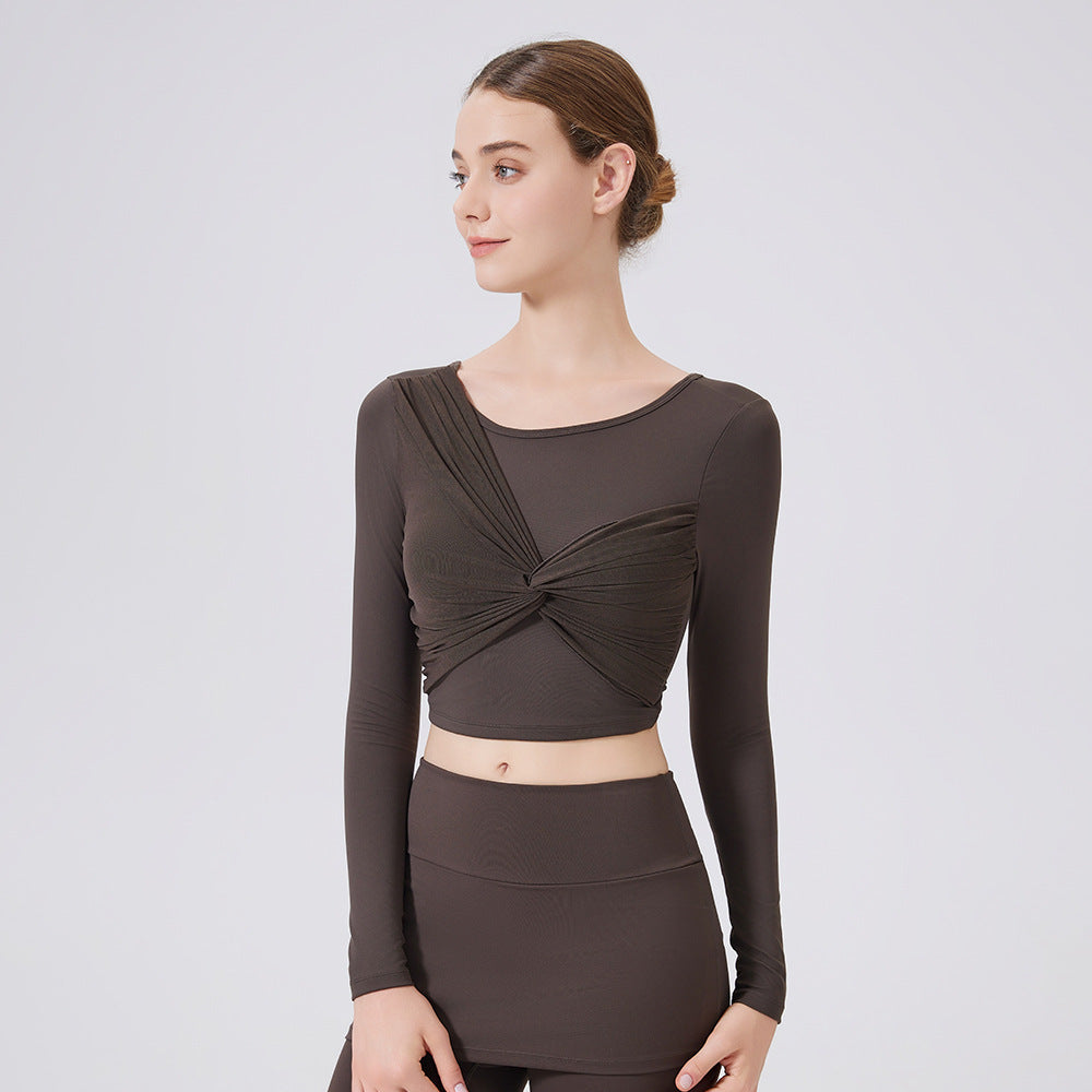 Mesh Knot Sports T shirt Women Long sleeved with Chest Pad Yoga Clothes Mesh Top Quick drying Slimming Workout Clothes(Runs Small)