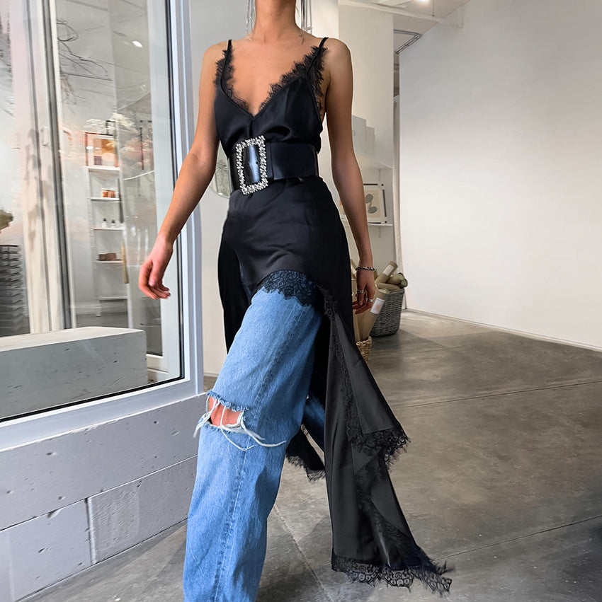 Women's Summer Sexy Design Lace V Neck Strap Black Mysterious Dress Russian Slit Dress Women Clothing