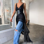 Women's Summer Sexy Design Lace V Neck Strap Black Mysterious Dress Russian Slit Dress Women Clothing