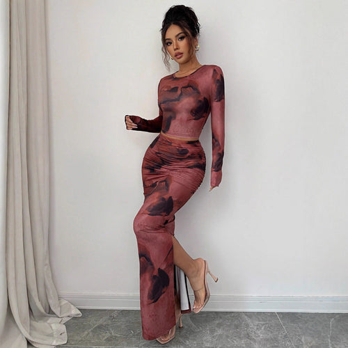 Spring Piece Set Women Tie Dye Pattern Long Sleeved T shirt Tight Skirt Two Piece Sets