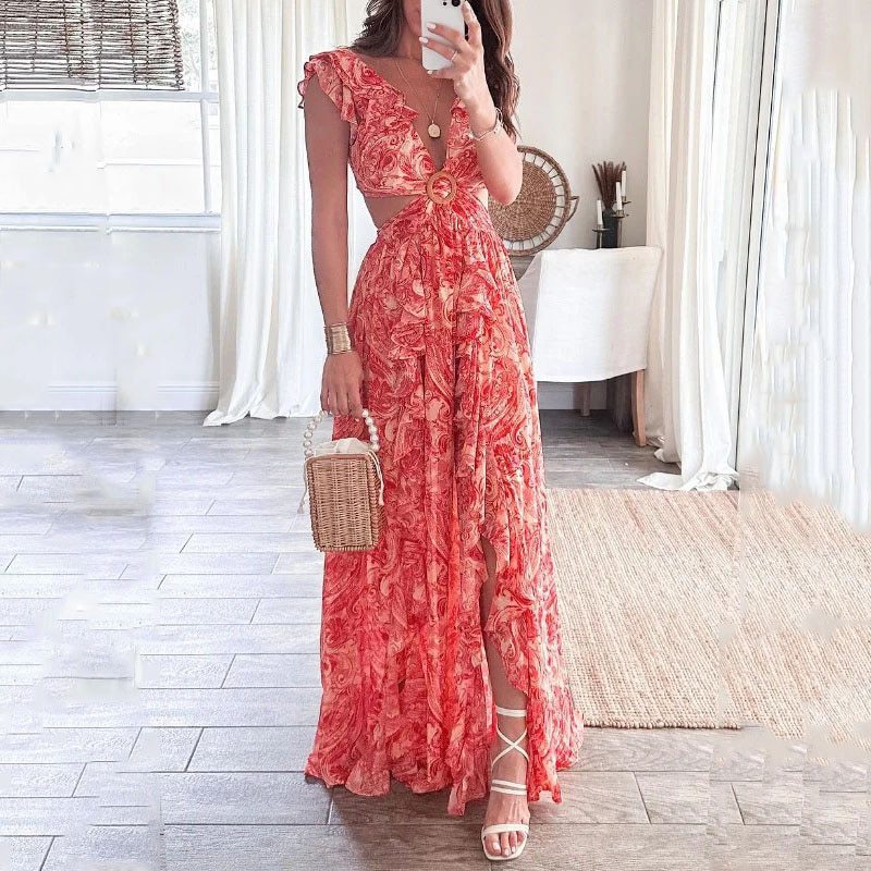 Deep-V Cropped Outfit Long Pleated Dress
