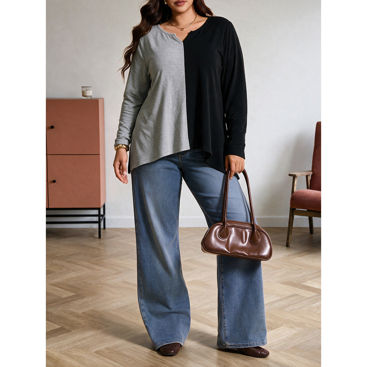 Contrast Knit V-Neck Top