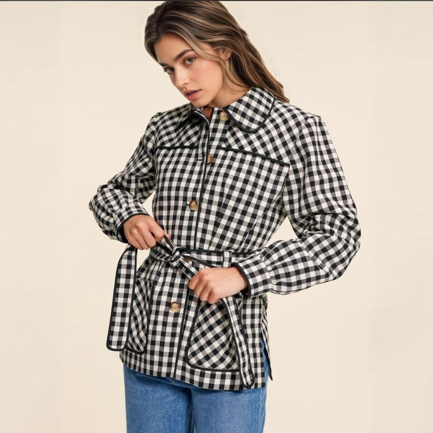 Women's Plaid Peter Pan Collar Lace-Up Jacket