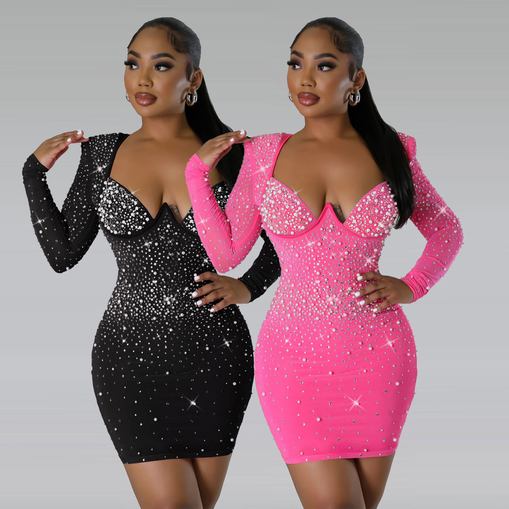 Rhinestone V-Neck Long-Sleeve Bodycon Mini Dress