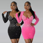 Rhinestone V-Neck Long-Sleeve Bodycon Mini Dress