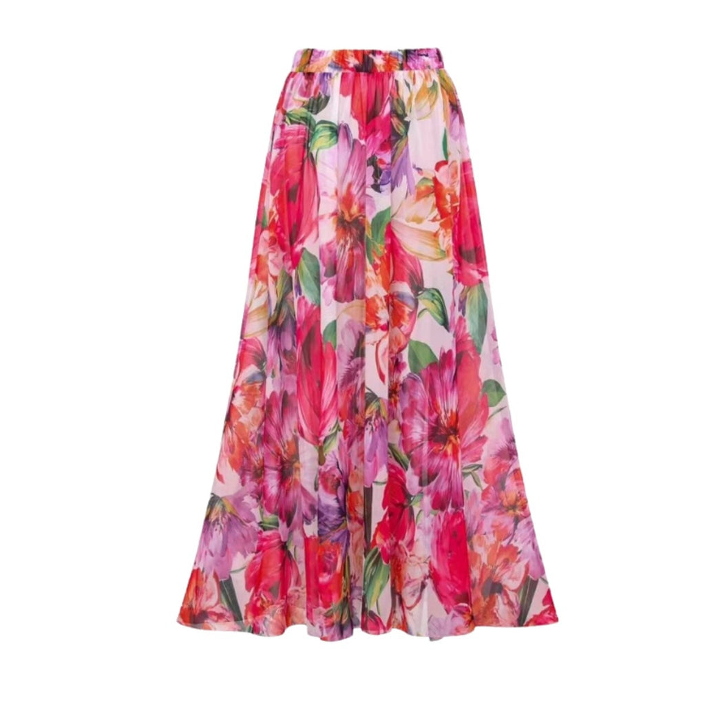 Floral long swim skirt with elastic waistband and gathered, flowing hem