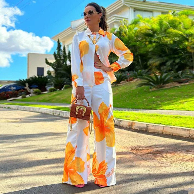 Women's Suit Women's Printed Shirt Spring Autumn Wide Leg Pants