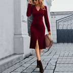 Women's V Neck Socialite Wine Red Dress Korean Velvet Midi For Women
