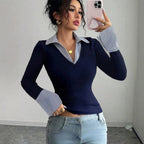 Faux Two Piece Striped Collared V Neck Stitching Contrast Color Flared Top