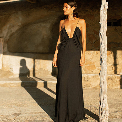 Black beach dress swimsuit, deep V neckline, thin spaghetti straps, maxi