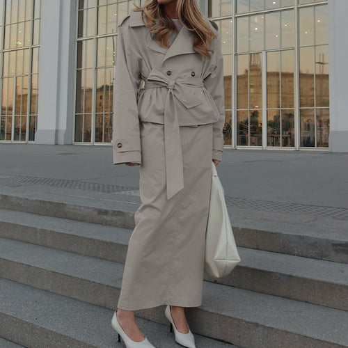 Women Clothing Skirt Set Autumn Polo Collar Long Sleeve Trench Coat Office Two Piece Set