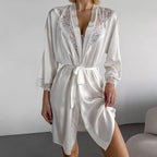 Autumn White Satin Stitching Lace Nightgown Cardigan Lace up Long Sleeve Shorts Women Homewear