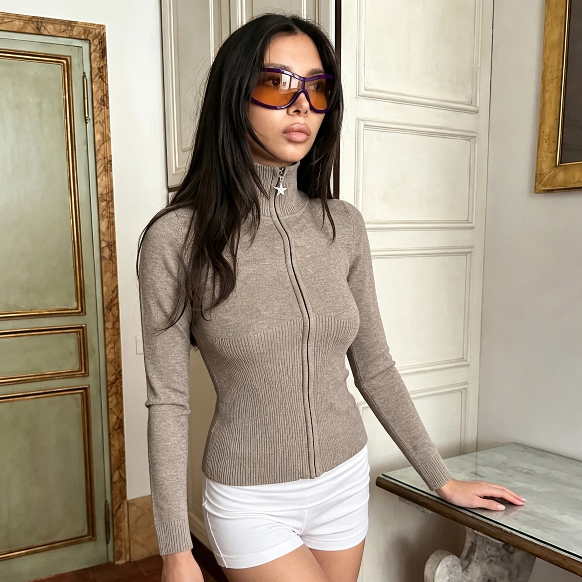 Women's Minimal Zip-Up Knit Sweater Jacket