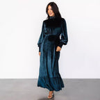 Gold Velvet High-Neck Drawstring-Sleeve Dress
