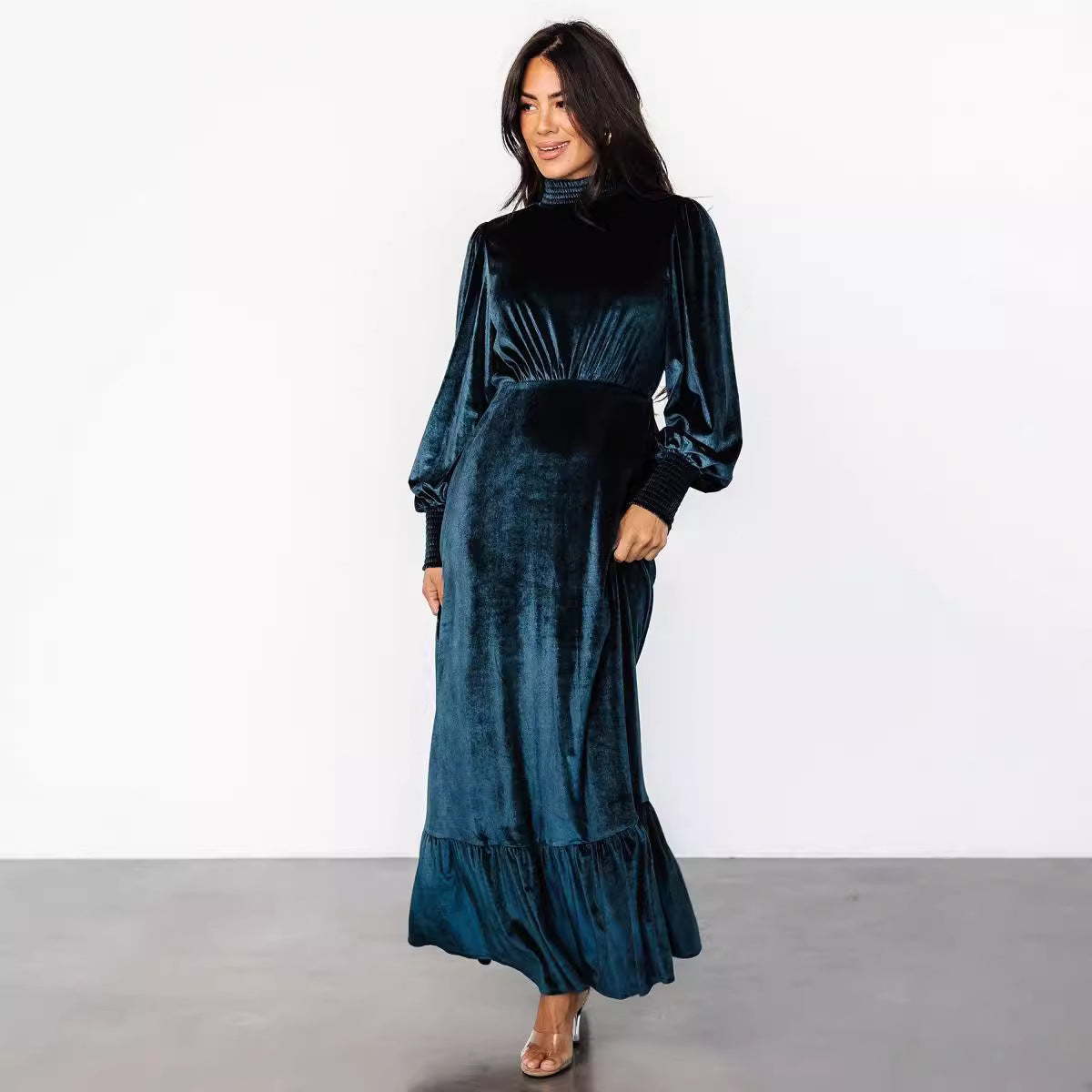 Gold Velvet High-Neck Drawstring-Sleeve Dress