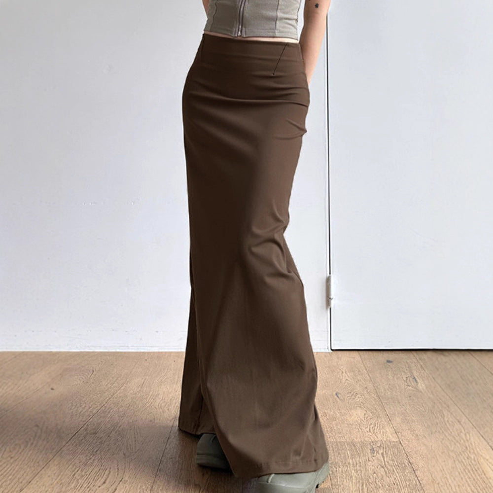 Retro Sheath High Waist Solid Color Drape Slit Long Skirt