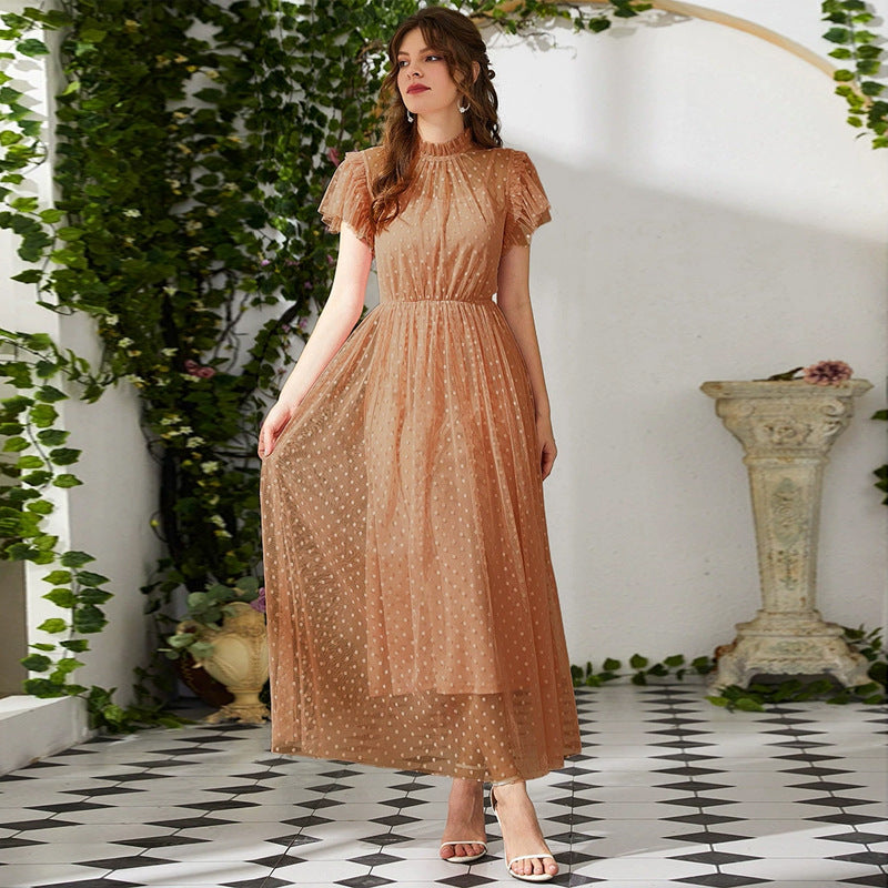 Polka Dot Mesh-Panel Short-Sleeve Dress